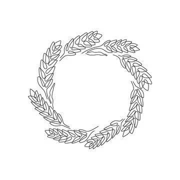 Wheat grain ear circle wreath frame outline, art line drawing. Linear sketch of Stock Illustration