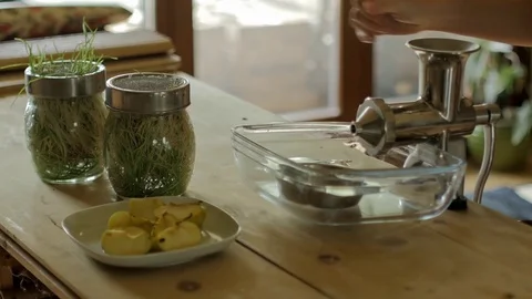 Wheat grass juice setup Stock Footage 71197872