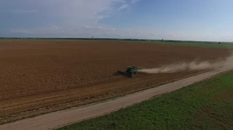 Wheat Harvest Combine Side View Wide Shot - Drone Stock Footage 65029974
