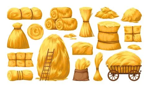 Wheat hay. Haystack isolated set, straw pile or bale field stack, thatch farm Stock Illustration