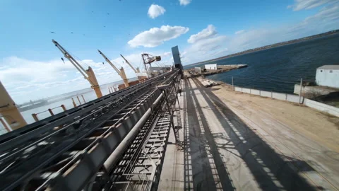 Wheat loading process captured from an FPV drone above bulk carrier ship Stock Footage 304562355