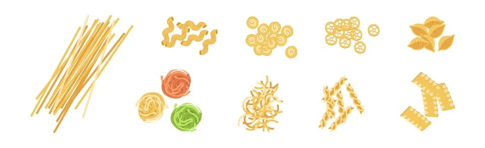 Wheat Pasta of Different Shape and Type Vector Set Illustrazione stock