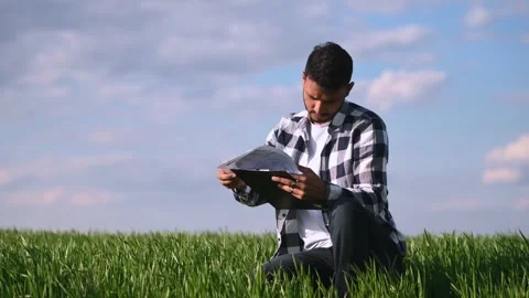 With wheat plant and notepad in hands. Stock Footage 243639830