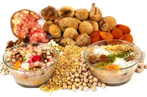 Wheat pudding with dried nuts and fruits, Turkish dessert (Asure Stock Photos