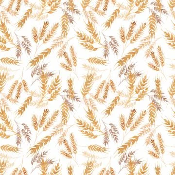 Wheat Seamless Pattern, Wheat Spike Grain Plant Silhouette repeat paper, Gold Stock Illustration