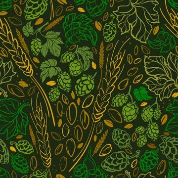 Wheat seed, hop. Vector doodle seamless pattern Stock Illustration
