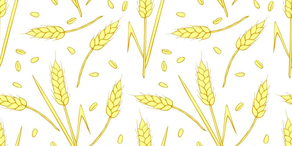 Wheat spikelets and grains, vector seamless pattern in flat style, isolated.  イラスト素材
