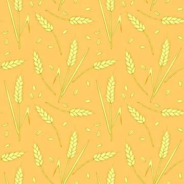 Wheat spikelets and grains, vector seamless pattern in flat style, isolated.  Stock Illustration