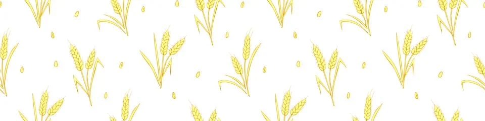 Wheat spikelets and grains, vector seamless pattern in flat style, isolated.  イラスト素材