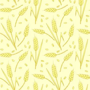 Wheat spikelets and grains, vector seamless pattern in flat style, isolated.  Stock Illustration