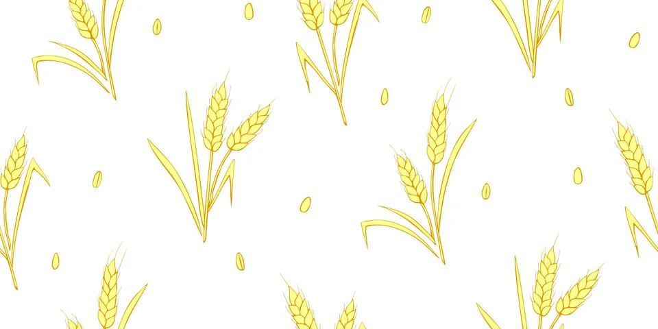 Wheat spikelets and grains, vector seamless pattern in flat style, isolated.  イラスト素材