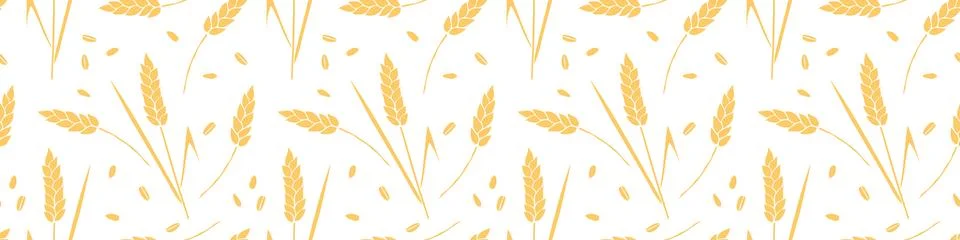 Wheat spikelets and grains, vector seamless pattern in flat style, isolated.. 스톡 일러스트