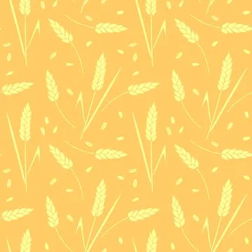 Wheat spikelets and grains, vector seamless pattern in flat style, isolated.  イラスト素材