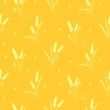 Wheat spikelets and grains, vector seamless pattern in flat style, isolated.. 스톡 일러스트