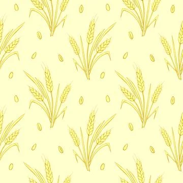 Wheat spikelets and grains, vector seamless pattern in doodle flat style, iso Stock Illustration
