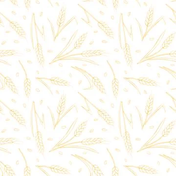 Wheat spikelets and grains, vector seamless pattern, light yellow outline iso イラスト素材