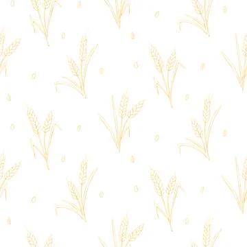 Wheat spikelets and grains, vector seamless pattern, light yellow outline i.. 스톡 일러스트