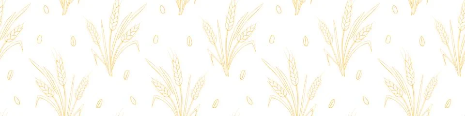 Wheat spikelets and grains, vector seamless pattern, light yellow outline iso 스톡 일러스트