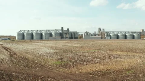 Wheat storage elevator. silver silos on agro manufacturing plant for processing Video stock 153416212