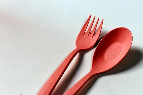 Wheat straw spoon and fork isolated on white background Stock Photos