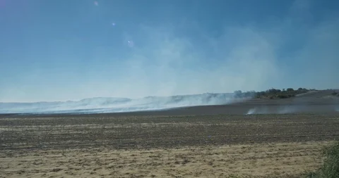Wheat stubble burning with smoke in sky with panning motion Video stock 88463201