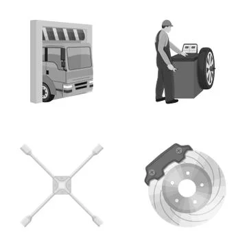 Wheel balancing, spanner and brake disc monochrome icons in set collection for Stock Illustration