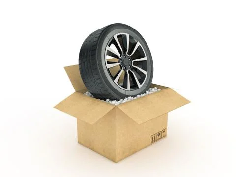 Wheel in cardboard box Stock Illustration