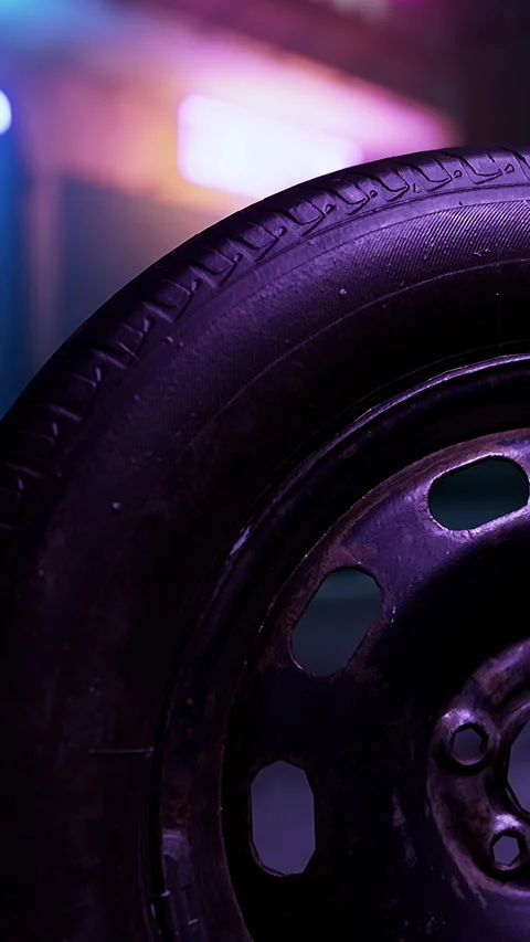 Wheel close up at night with neon lights in background Stock Footage 341986565