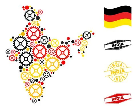 Wheel Composition India Map in German Flag Colors and Grunge Stamps Stock Illustration