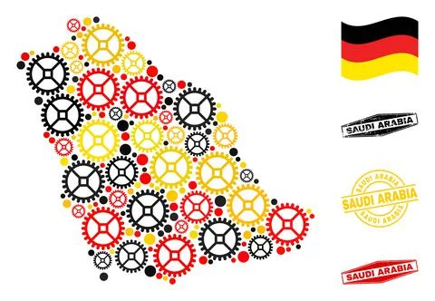 Wheel Composition Saudi Arabia Map in German Flag Colors and Grunge Seals Illustrazione stock