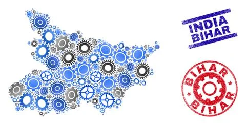 Wheel Composition Vector Bihar State Map and Grunge Seals Stock Illustration