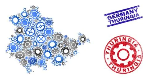 Wheel Composition Vector Thuringia Land Map and Grunge Seals Illustrazione stock