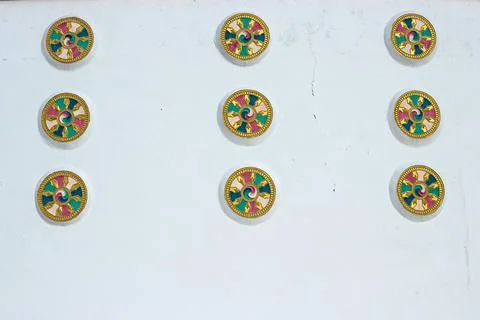 Wheel of dhamma of buddhism is decorative pattern on Shanti stupa in Leh Lada Stock Photos