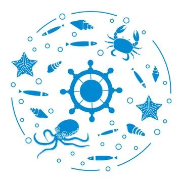 Wheel, fish, seashells, starfish, crab, octopus. Stock Illustration