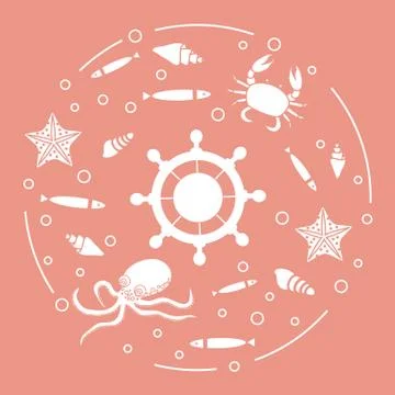 Wheel, fish, seashells, starfish, crab, octopus. Stock Illustration