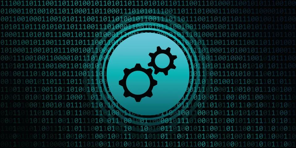 Wheel gear symbol on binary code background Illustrazione stock