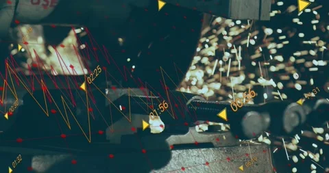 Wheel grinding clamped rods, ejecting sparks while transparent overlay animating Video stock 331380137