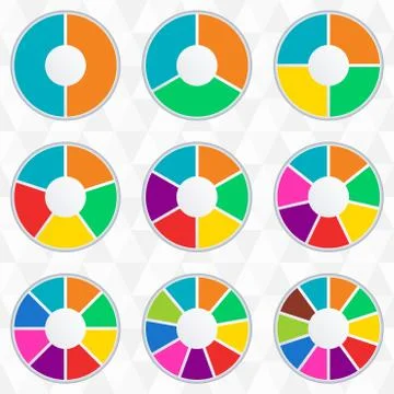 Wheel infographics template. Pie chart set with 2,3,4,5,6,7,8,9 and 10 parts  Stock Illustration