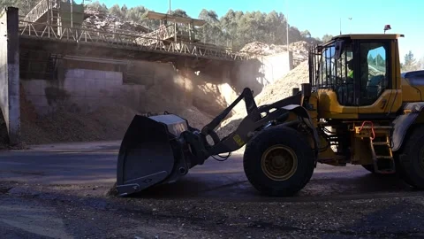 Wheel loader handling wood chips in biomass factory Stock Footage 313917904