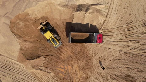Wheel loader load sand in dump truck in open pit. Heavy machinery in opencast Stock Footage 191644781