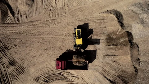 Wheel loader load sand in dump truck in open pit. Heavy machinery in opencast Stockbeeldmateriaal 191827792