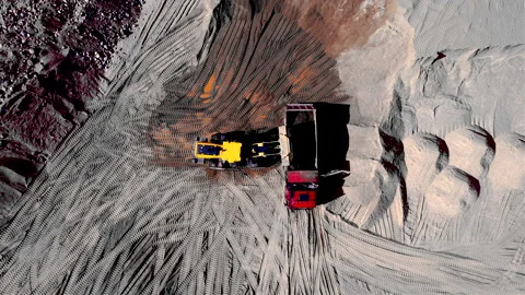 Wheel loader load sand in dump truck in open pit. Heavy machinery Stock Footage 193711836