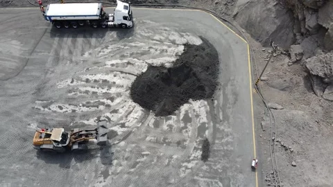 Wheel loader loading ore into a tanker truck at a mine Stock Footage 337788566