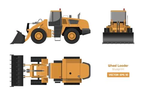Wheel loader on white background. Top, side and front view. Hydraulic machinery Stock Illustration