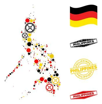 Wheel Mosaic Philippines Map in German Flag Colors and Grunge Seals Stock Illustration