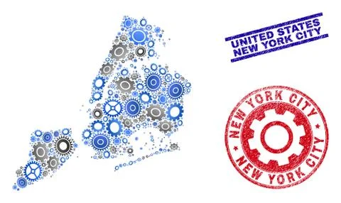 Wheel Mosaic Vector New York City Map and Grunge Seals Stock Illustration