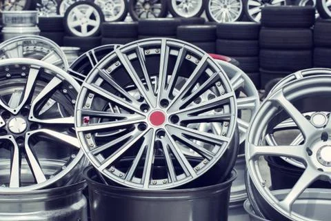 Wheel rims on showcase Stock Photos