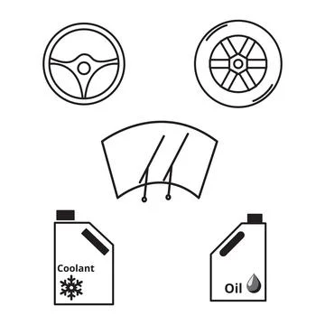 Wheel, steering wheel, windshield, car oil, and car coolant bottles Stock Illustration