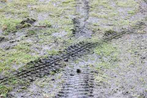 Wheel track on mud. Traces of a tractor or heavy off-road car on brown mud .. Stock Photos