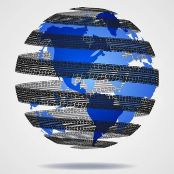 Wheel tracks on world map Stock Illustration